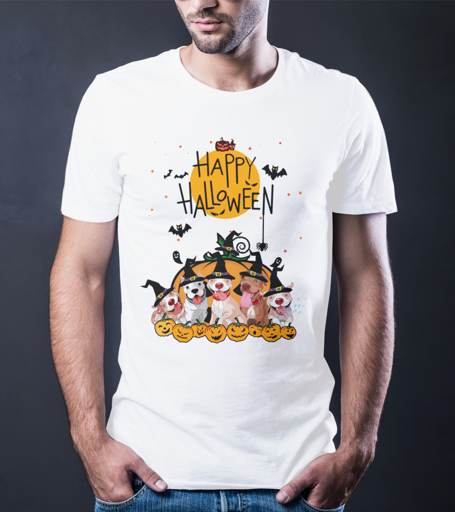 Happy Halloween Pitbulls Witch Hats Pumpkins Bats Ghosts Moon Spooky Dog T-Shirt