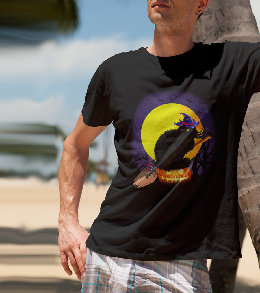 Halloween Cat With Witch Hat On Pumpkin And Broomstick T-Shirt