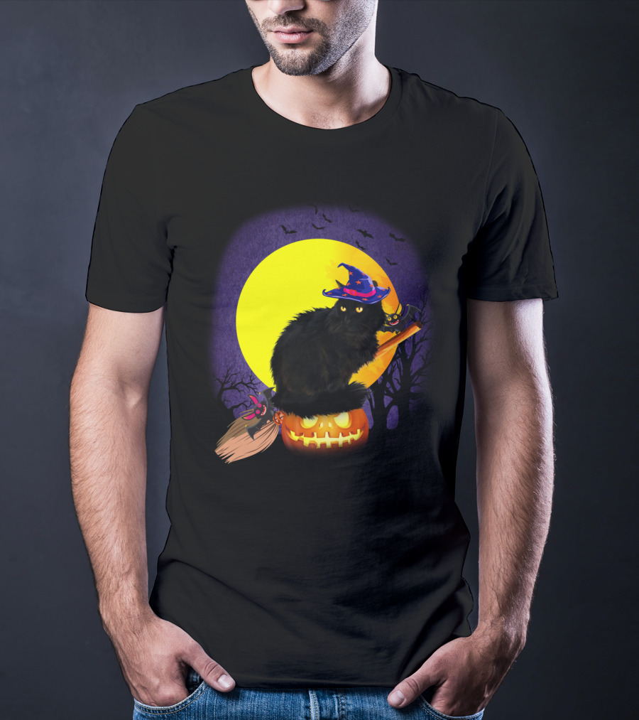 Halloween Cat With Witch Hat On Pumpkin And Broomstick T-Shirt