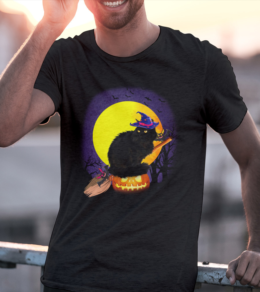 Halloween Cat With Witch Hat On Pumpkin And Broomstick T-Shirt