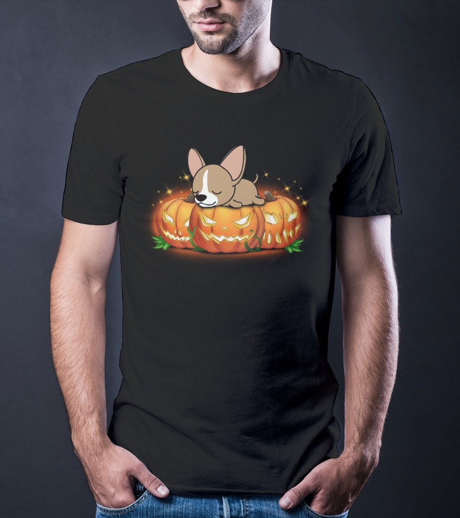 Chihuahua Sleeping On Halloween Pumpkins With Glowing Jack-O-Lanterns T-Shirt