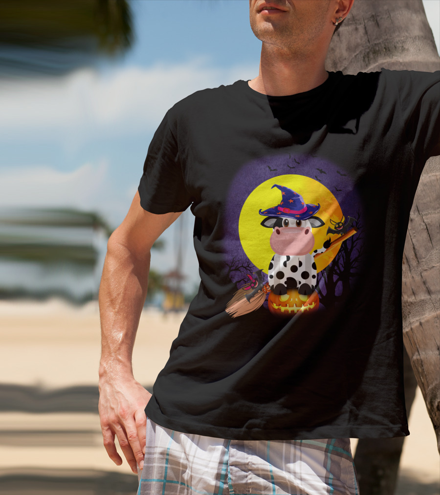 Cow Witch Spooky Halloween Full Moon Scene With Pumpkin And Broomstick T-Shirt