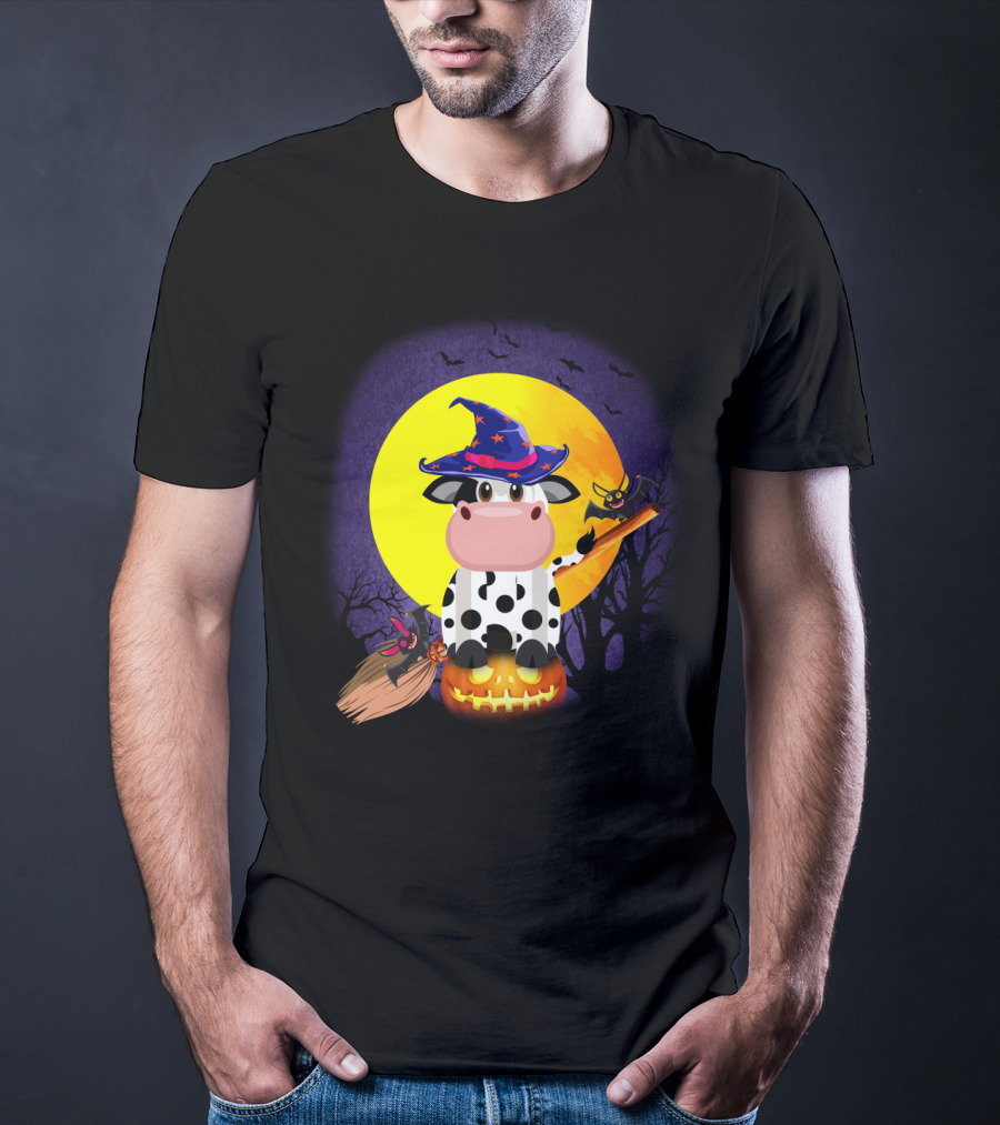 Cow Witch Spooky Halloween Full Moon Scene With Pumpkin And Broomstick T-Shirt