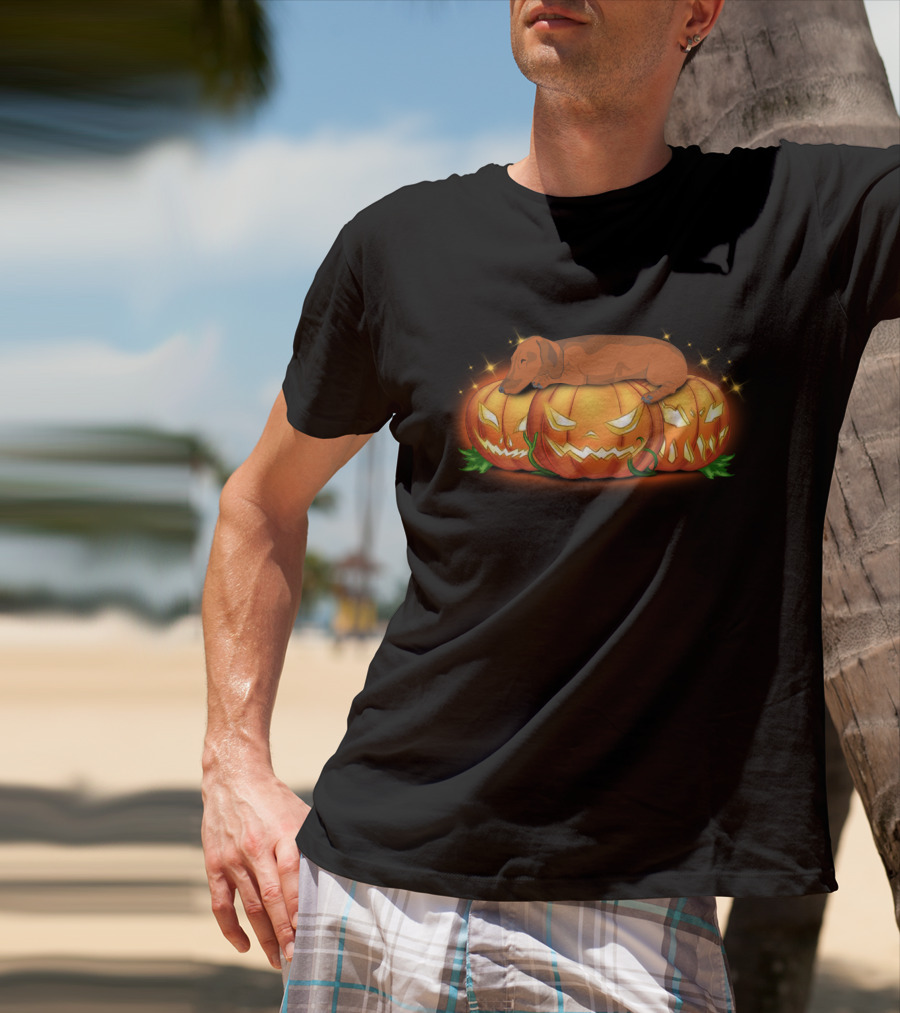 Dachshund Sleeping On Glowing Halloween Pumpkins T-Shirt