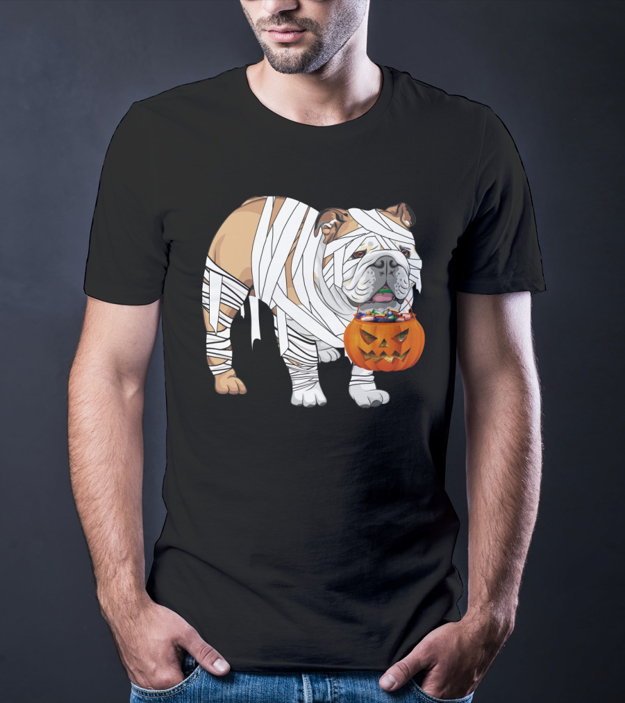 Halloween Bulldog Wrapped As Mummy Holding Pumpkin Candy Bucket T-Shirt