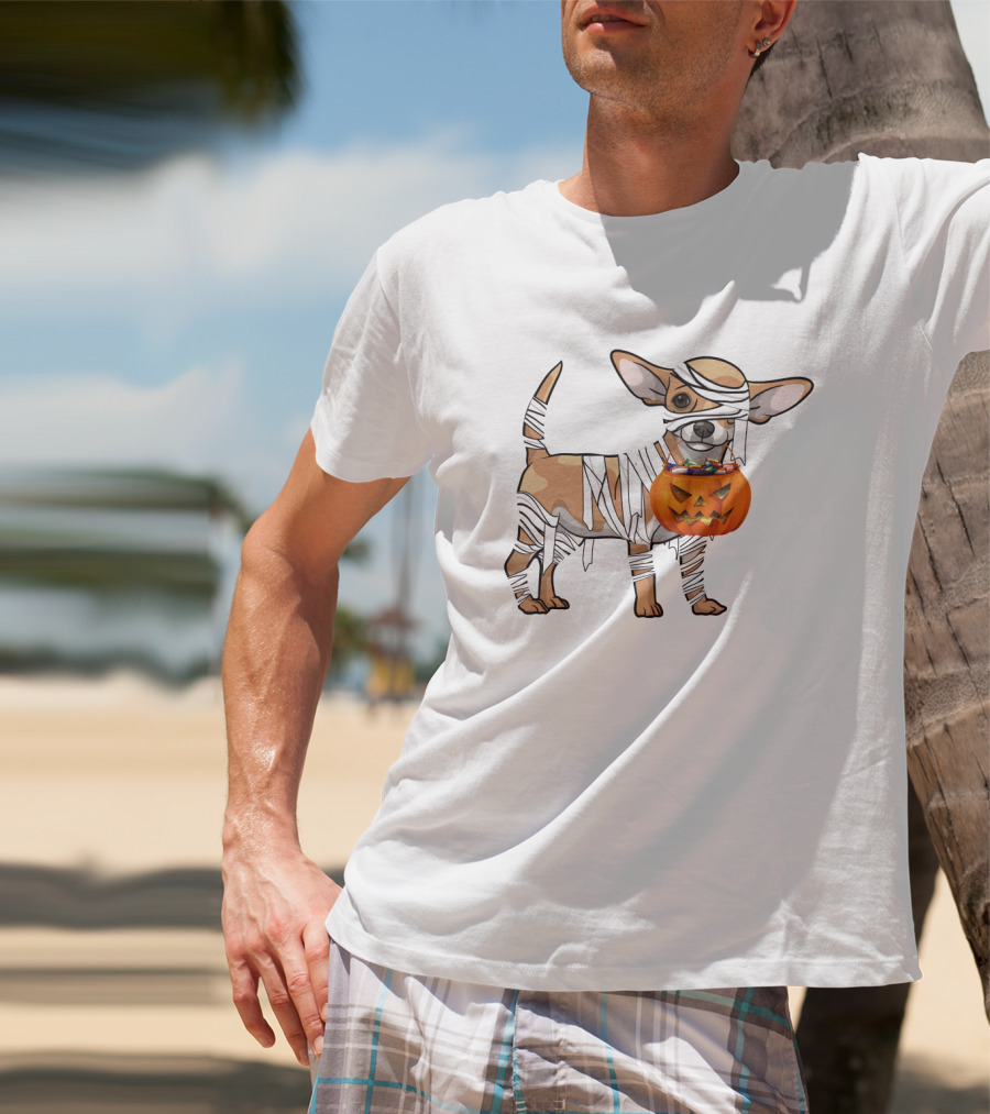 Halloween Wrapped Chihuahua With Pumpkin Bucket T-Shirt