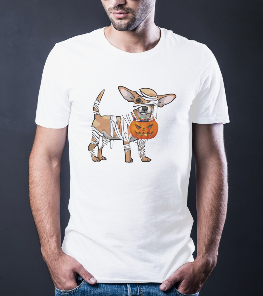 Halloween Wrapped Chihuahua With Pumpkin Bucket T-Shirt