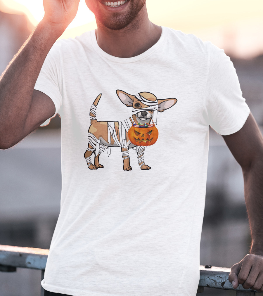 Halloween Wrapped Chihuahua With Pumpkin Bucket T-Shirt