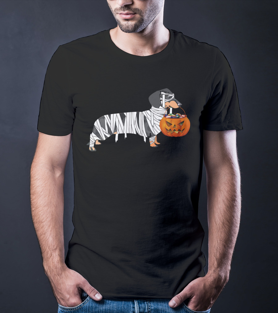 Halloween Pumpkin Mummy Dachshund With Trick-or-Treat Jack-o'-Lantern T-Shirt