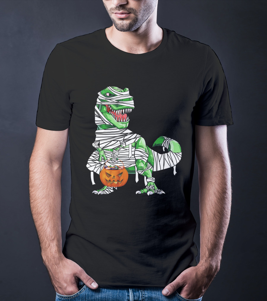 Halloween Pumpkin Mummy Dinosaur With Candy Bucket T-Shirt