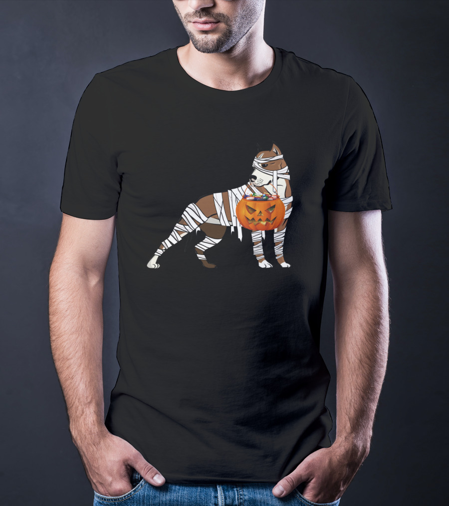 Halloween Mummy Wrapped Pitbull With Jack-O'-Lantern Pumpkin Basket T-Shirt