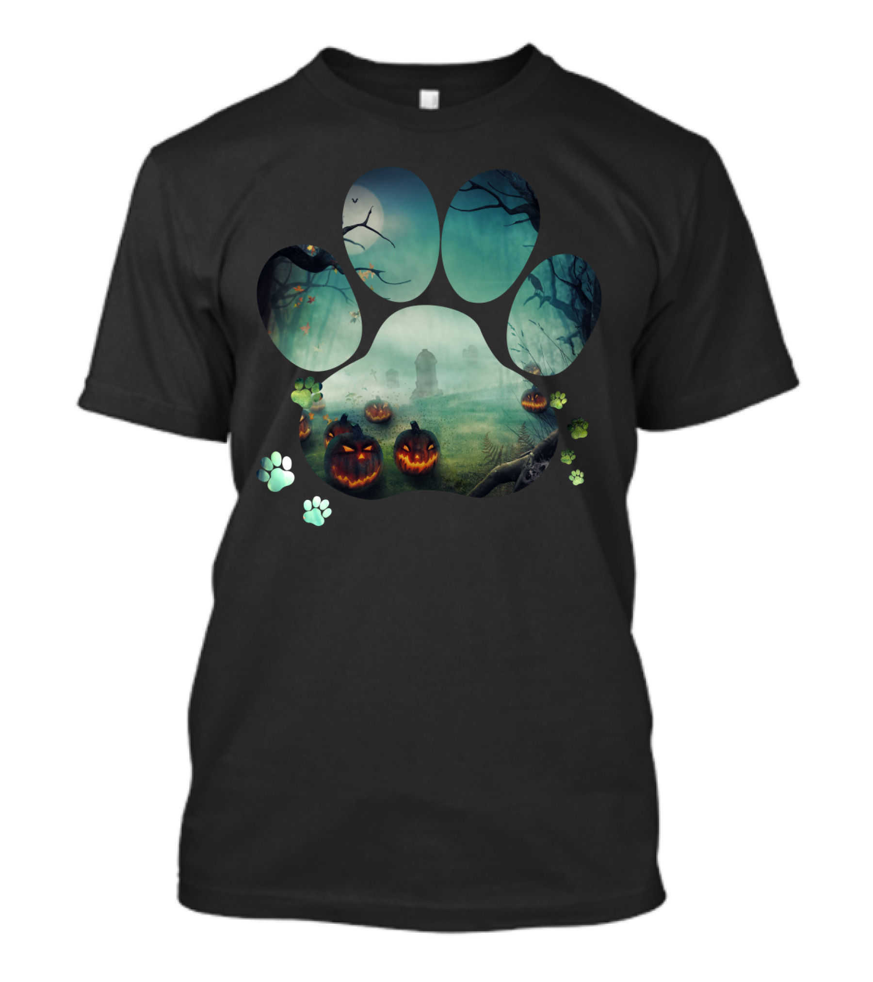 Halloween Paw Print With Spooky Jack-O-Lanterns In Haunted Forest T-Shirt