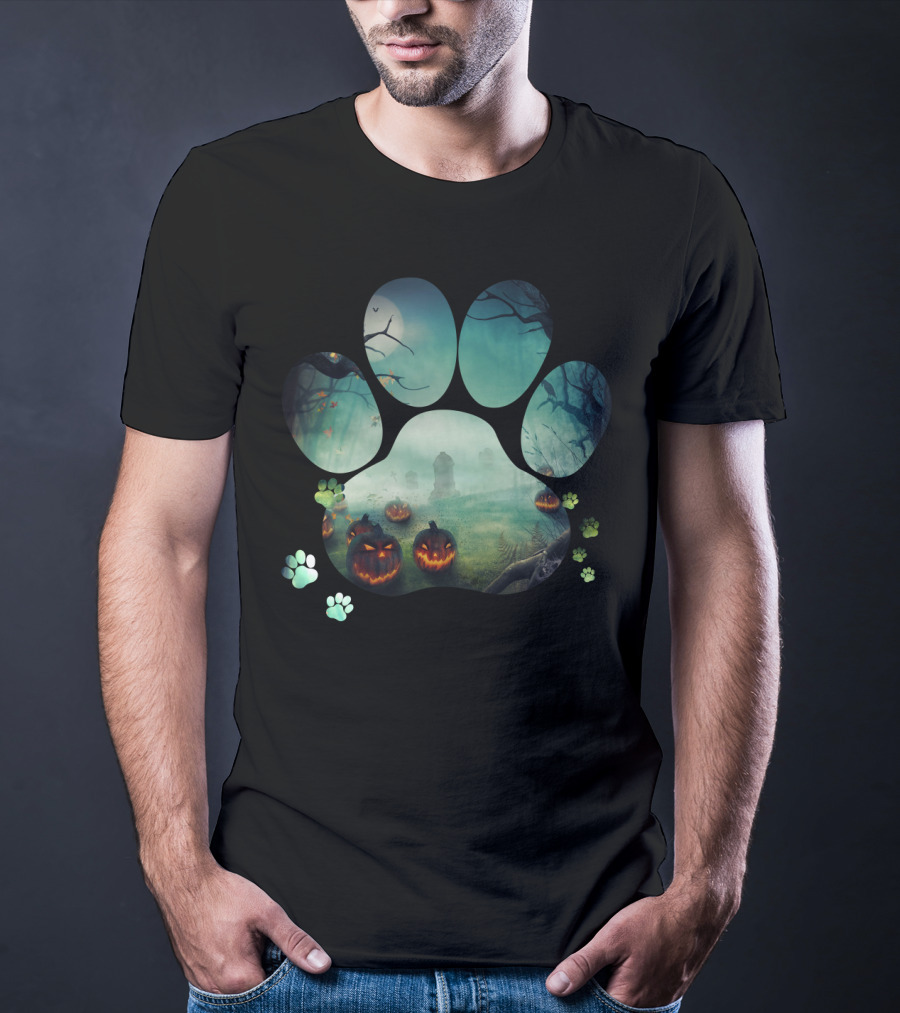 Halloween Paw Print With Spooky Jack-O-Lanterns In Haunted Forest T-Shirt