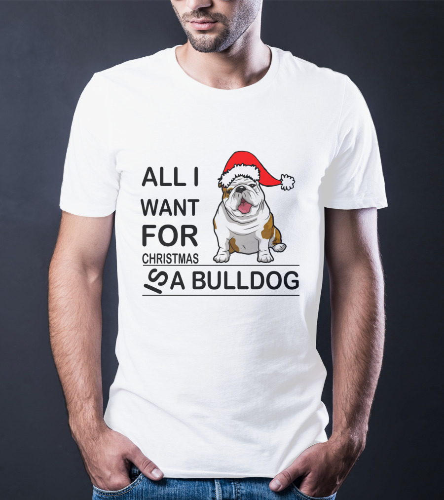 All I Want For Christmas Is A Bulldog With Santa Hat Iconic Festive Dog Lover's Phrase T-Shirt
