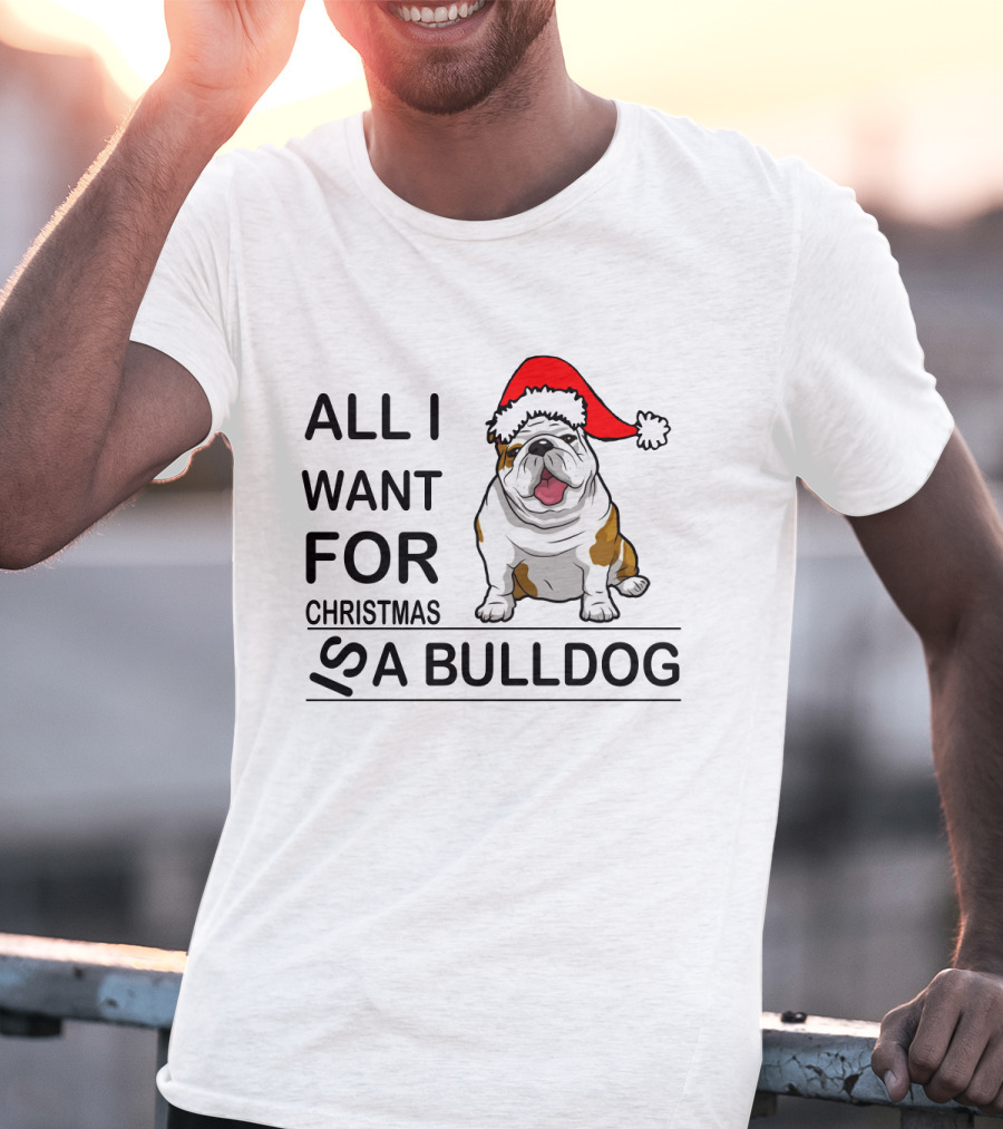 All I Want For Christmas Is A Bulldog With Santa Hat Iconic Festive Dog Lover's Phrase T-Shirt