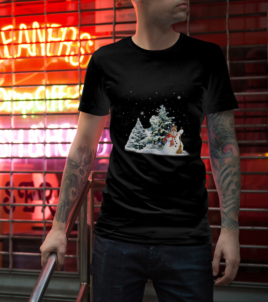 Alpaca Snowman In Winter Forest With Falling Snowflakes T-Shirt