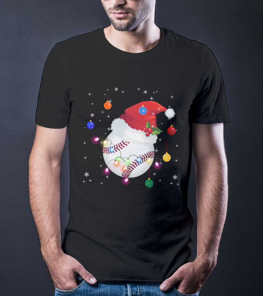 Santa Hat Baseball Christmas Ornaments Holiday Lights Snowflakes T-Shirt