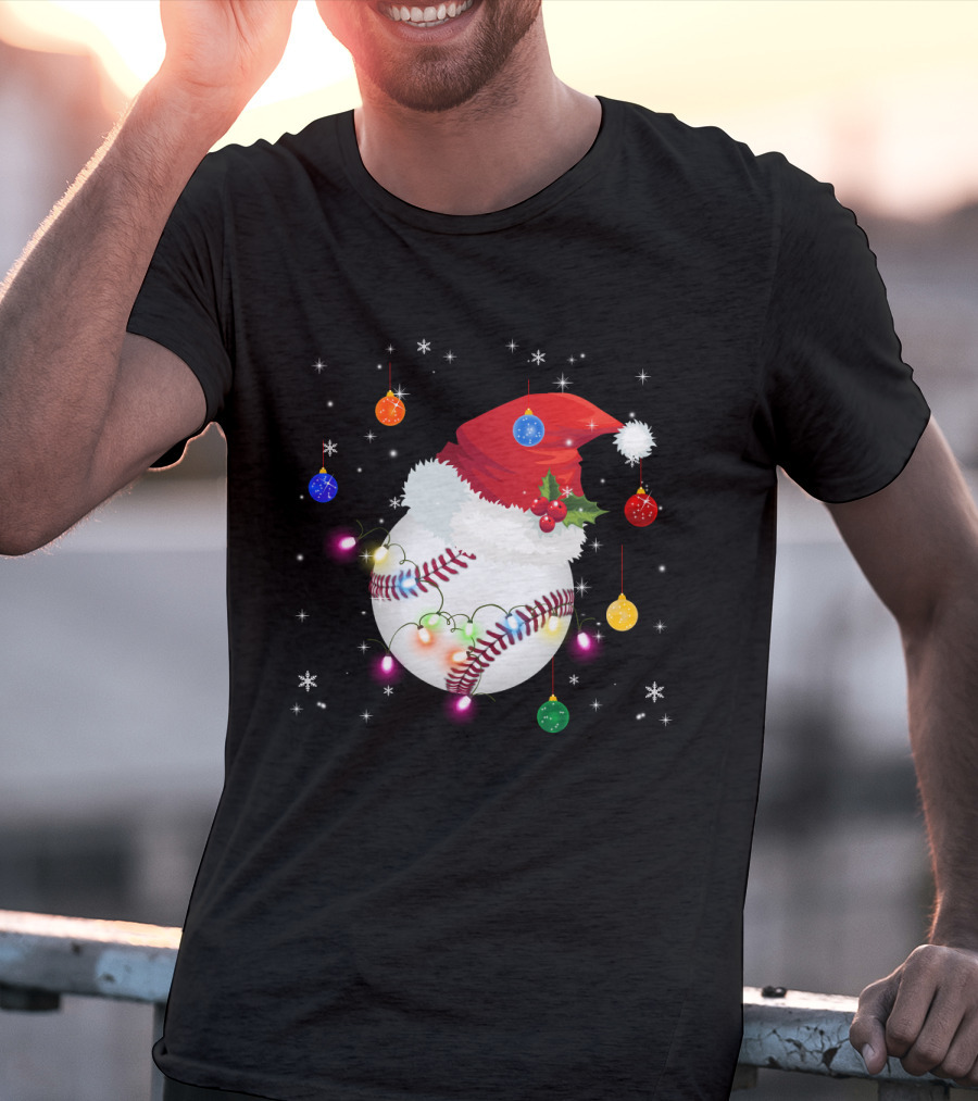 Santa Hat Baseball Christmas Ornaments Holiday Lights Snowflakes T-Shirt