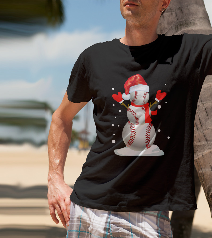 Baseball-Themed Snowman With Santa Hat And Mittens Winter Holiday T-Shirt