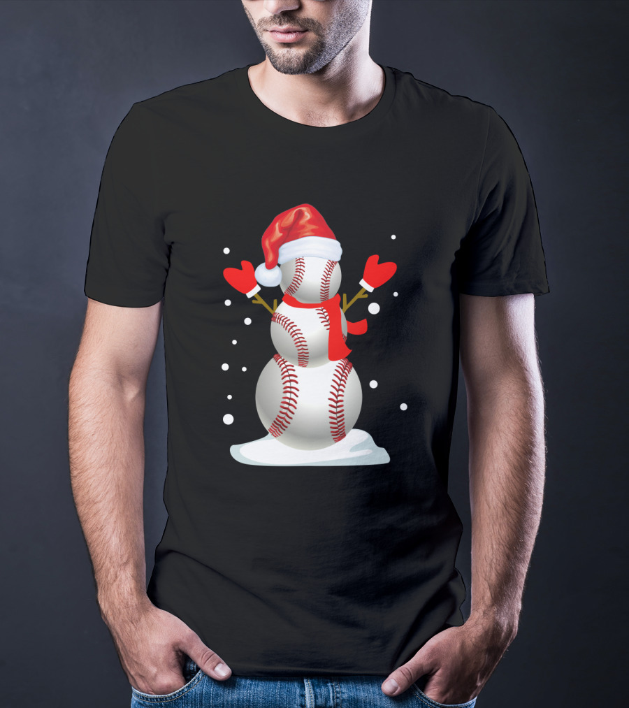 Baseball-Themed Snowman With Santa Hat And Mittens Winter Holiday T-Shirt