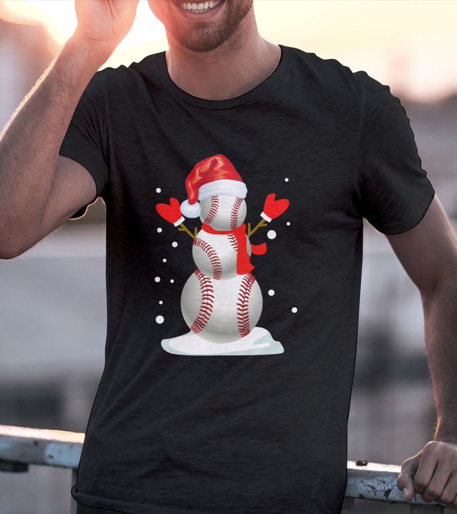 Baseball-Themed Snowman With Santa Hat And Mittens Winter Holiday T-Shirt