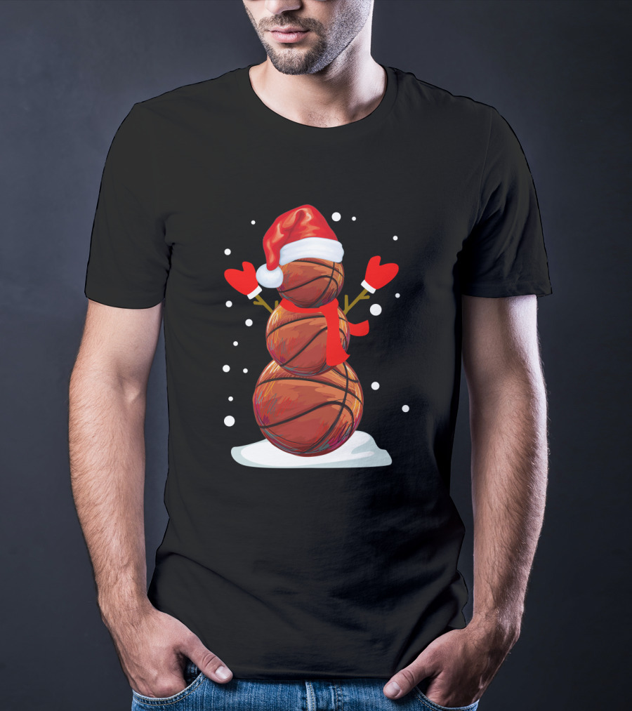 Basketball Snowman With Santa Hat And Red Mittens T-Shirt