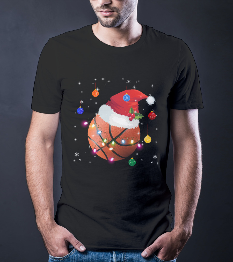 Santa Hat Basketball With Christmas Lights And Ornaments T-Shirt