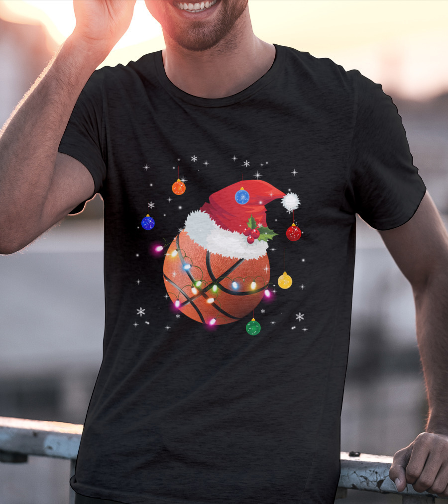 Santa Hat Basketball With Christmas Lights And Ornaments T-Shirt