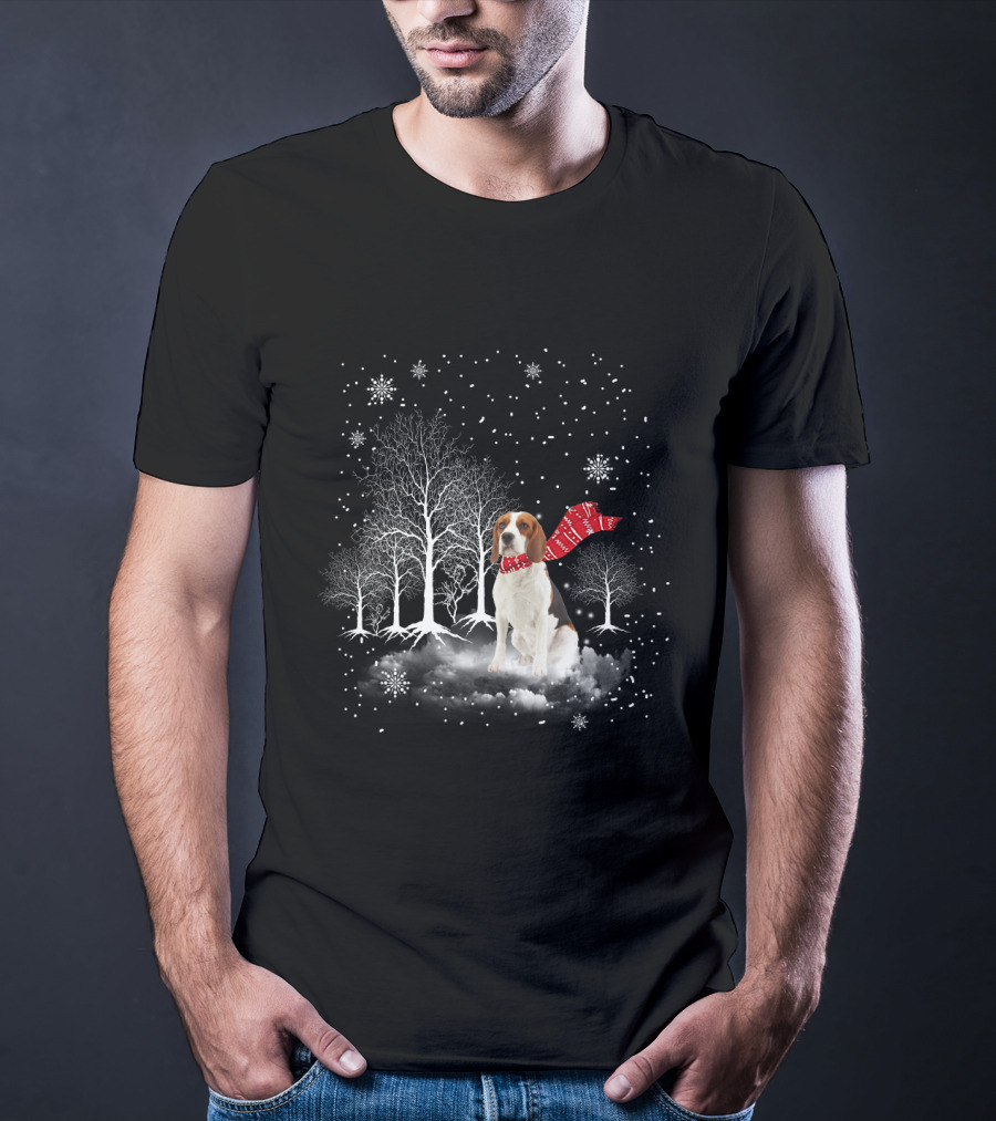 Basset Hound Winter Wonderland Snowy Trees Red Scarf T-Shirt