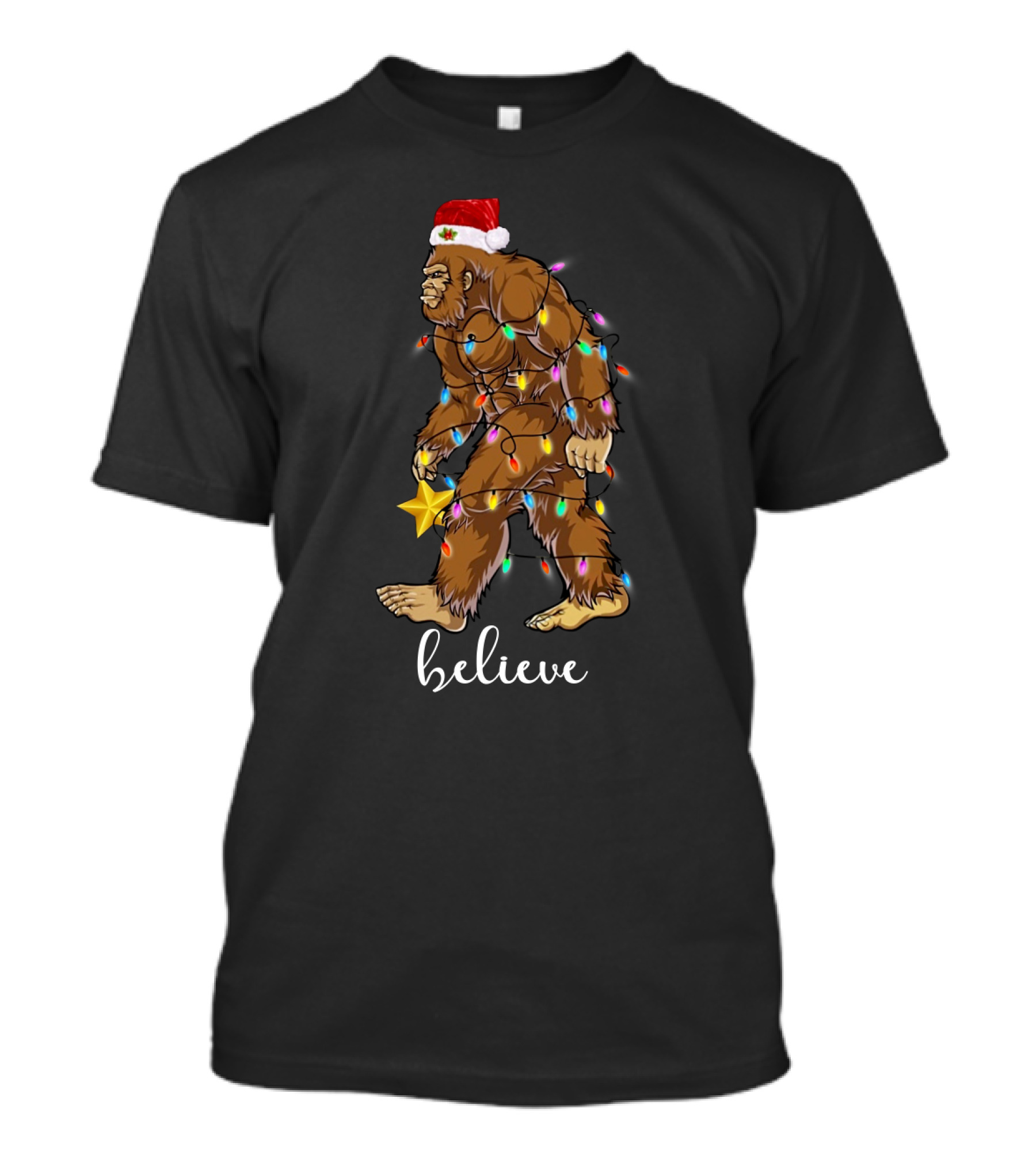 Bigfoot Christmas Lights Believe With Santa Hat And Star T-Shirt