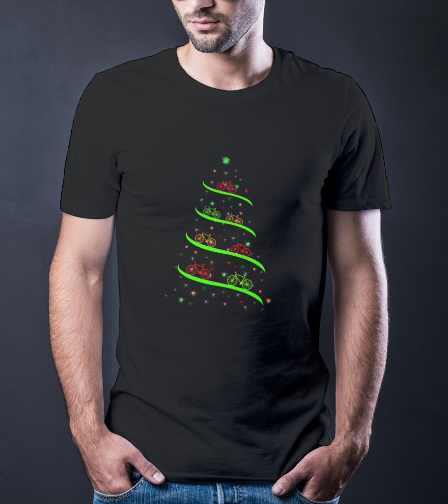 Bicycle Holiday Tree Lights With Red Green Yellow Bikes And Stars T-Shirt