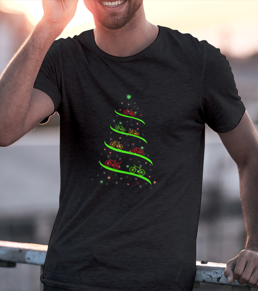 Bicycle Holiday Tree Lights With Red Green Yellow Bikes And Stars T-Shirt