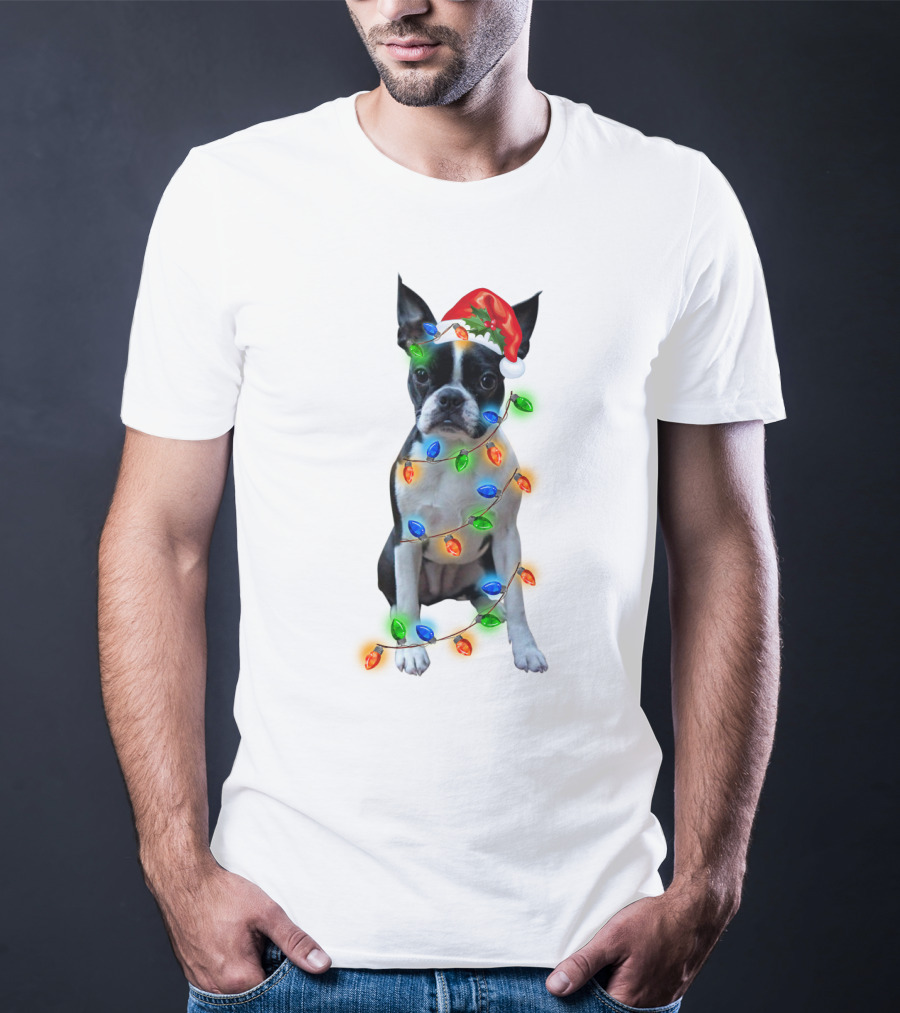 Boston Terrier With Christmas Lights And Santa Hat T-Shirt