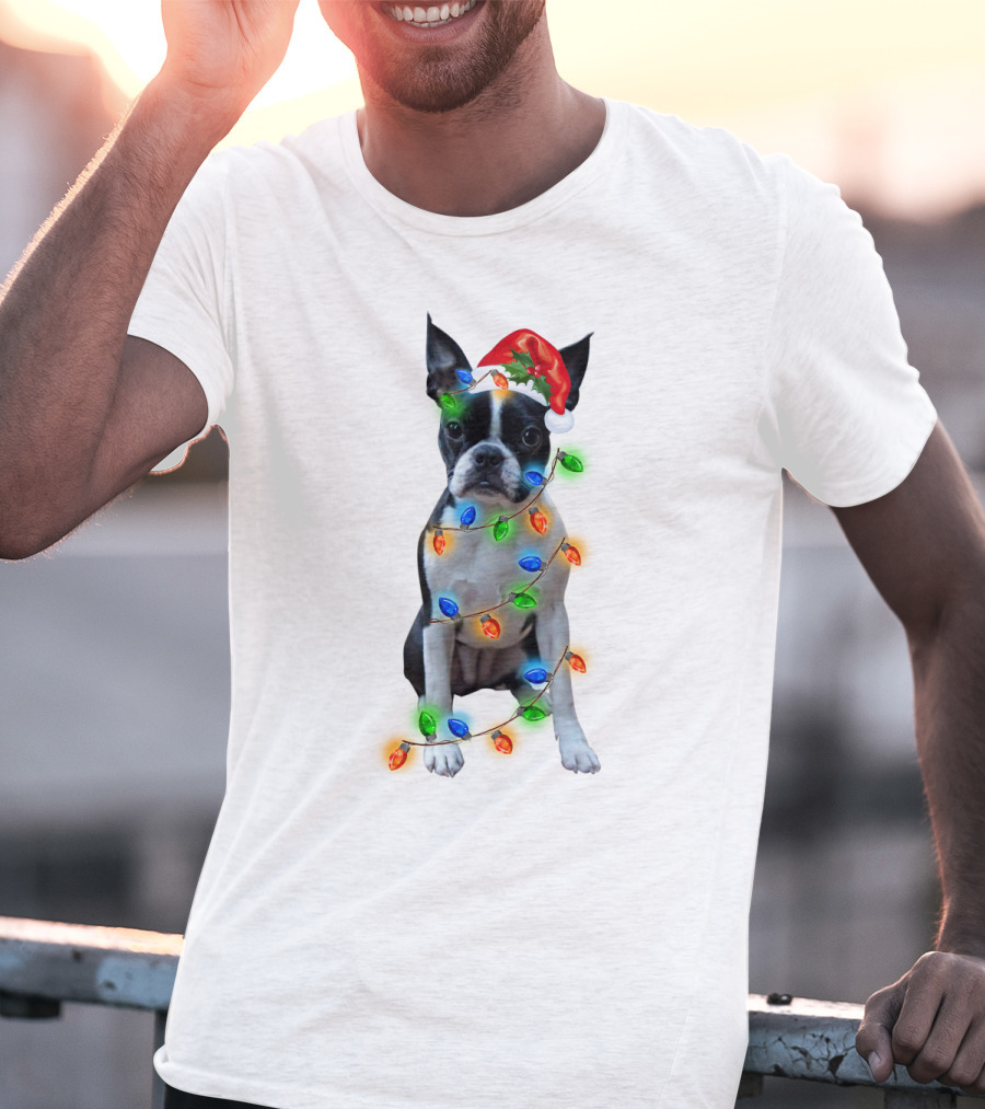 Boston Terrier With Christmas Lights And Santa Hat T-Shirt