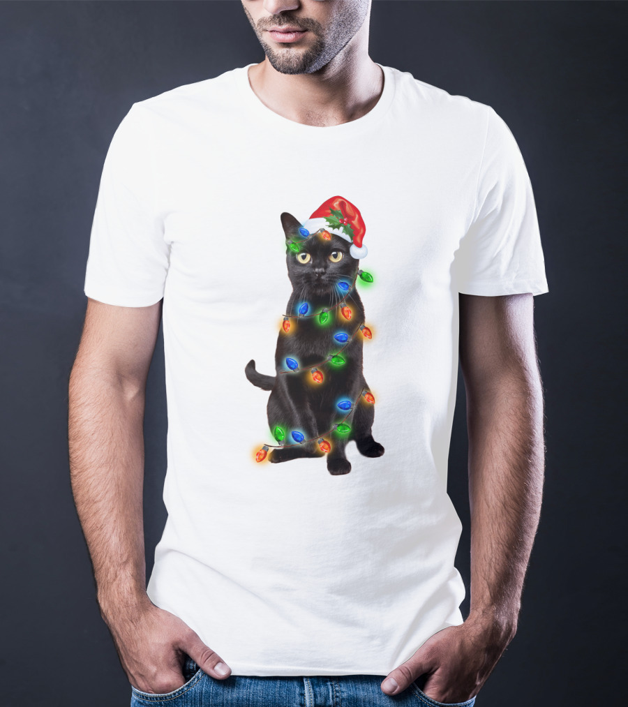 Santa Hat Black Cat Wrapped In Colorful Christmas Lights T-Shirt