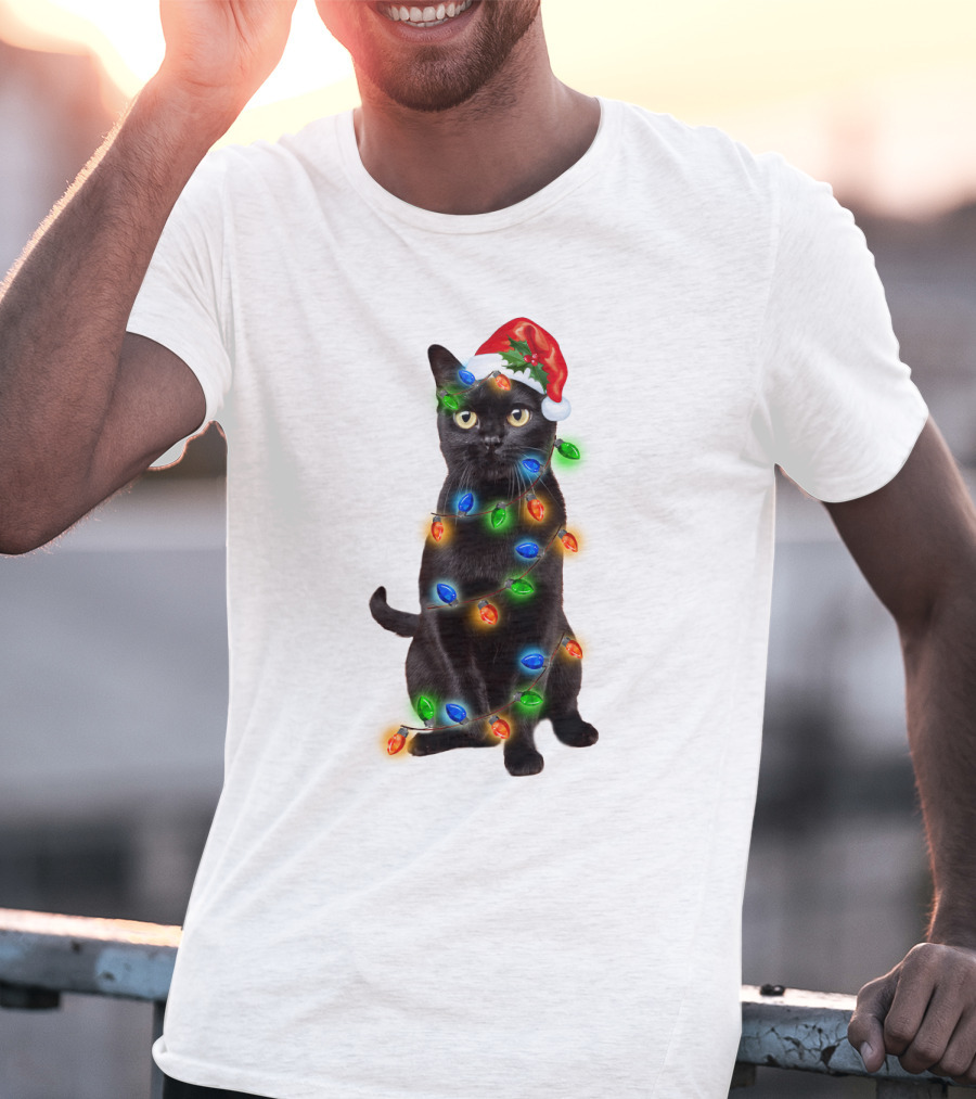 Santa Hat Black Cat Wrapped In Colorful Christmas Lights T-Shirt