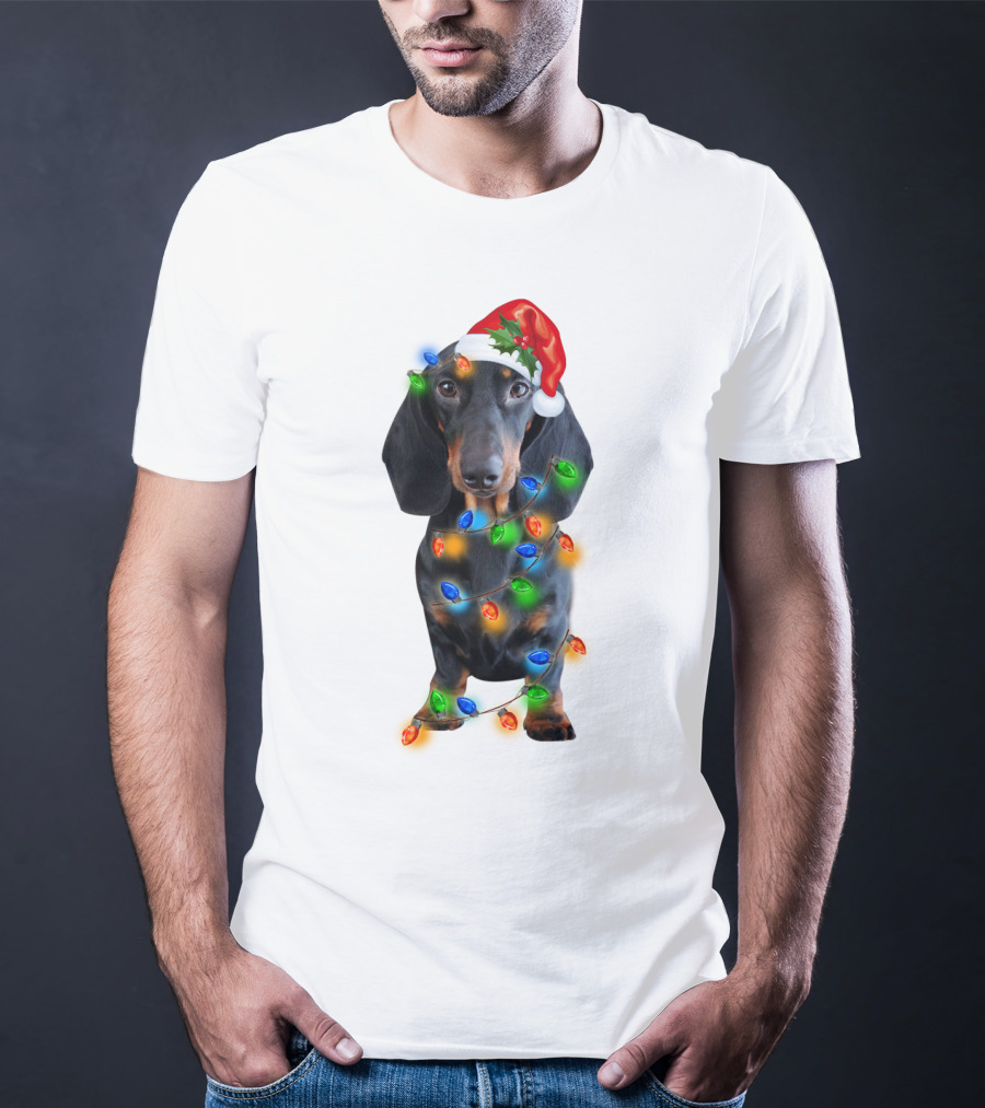 Black Dachshund Wearing Santa Hat And Wrapped In Christmas Lights T-Shirt
