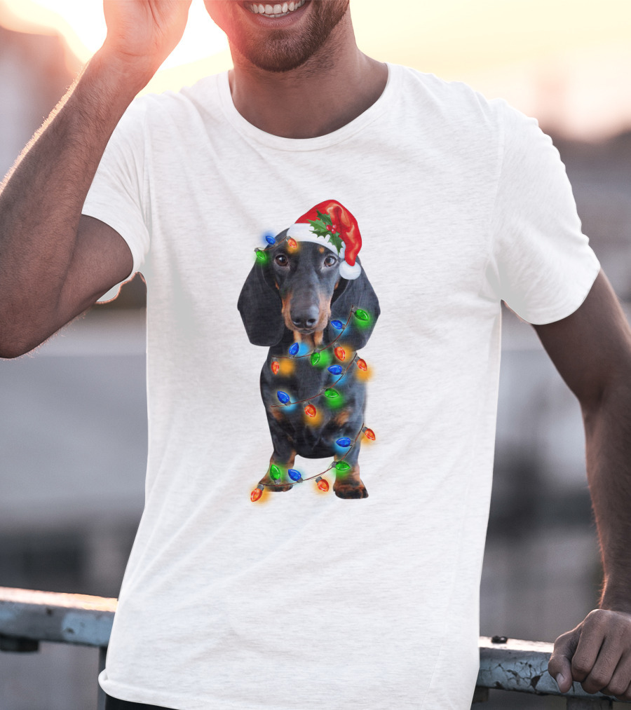 Black Dachshund Wearing Santa Hat And Wrapped In Christmas Lights T-Shirt