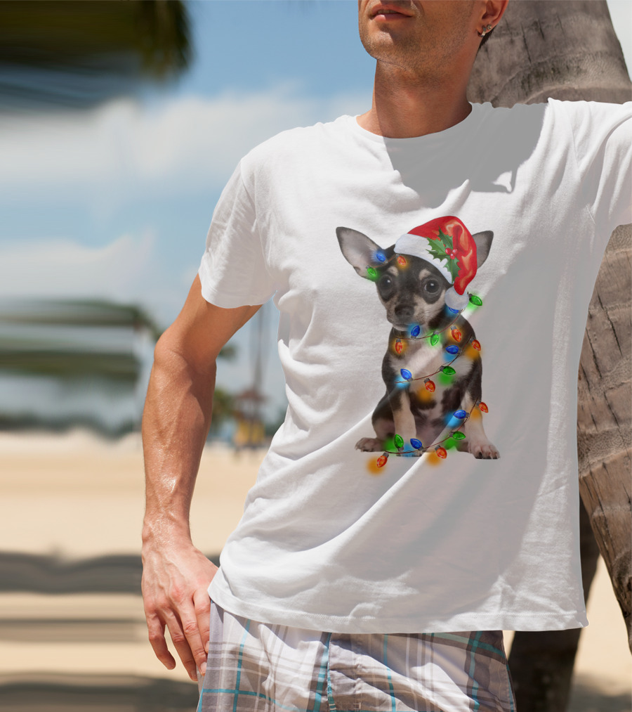 Black Chihuahua Wearing Santa Hat Wrapped In Colorful Christmas Lights T-Shirt