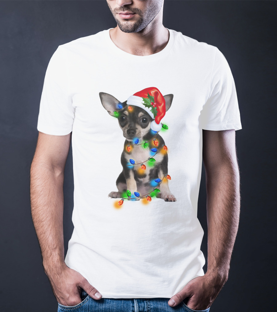 Black Chihuahua Wearing Santa Hat Wrapped In Colorful Christmas Lights T-Shirt