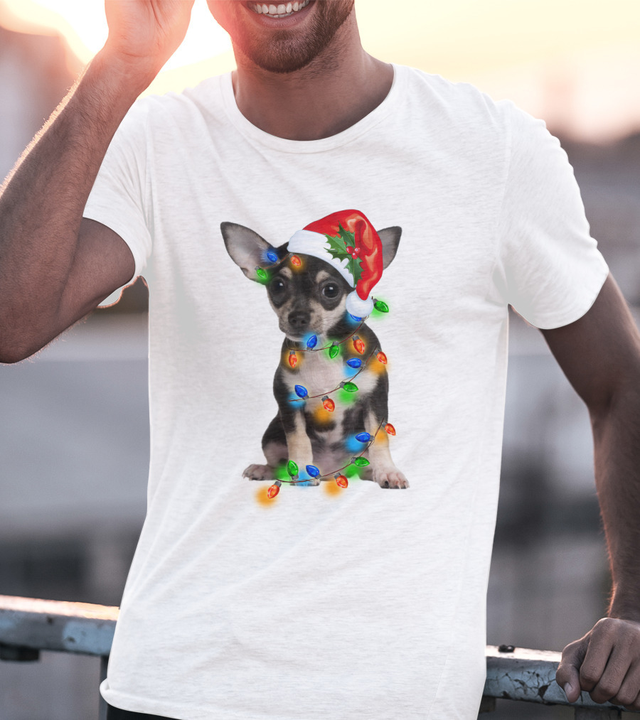 Black Chihuahua Wearing Santa Hat Wrapped In Colorful Christmas Lights T-Shirt