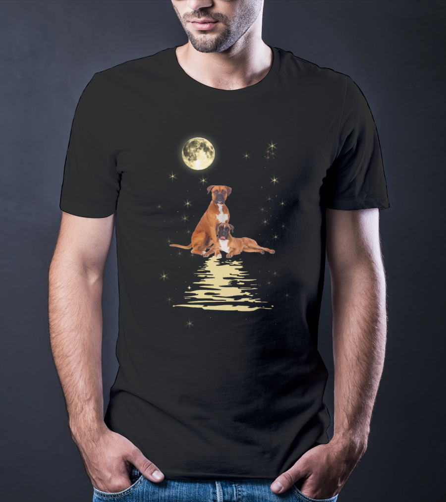 Boxer Dog Under Starry Sky Moonlit Reflection T-Shirt