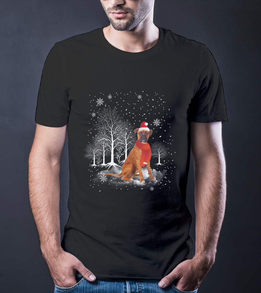 Boxer Dog With Santa Hat And Scarf In Snowy Winter Wonderland Scene T-Shirt