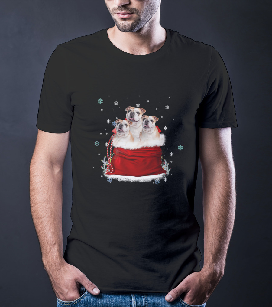 Bulldog Trio Christmas Sack Snowflakes Holiday T-Shirt