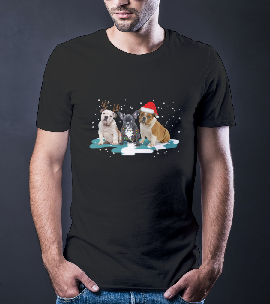 Bulldog Christmas With Reindeer Antlers And Santa Hat For Dog Lovers T-Shirt