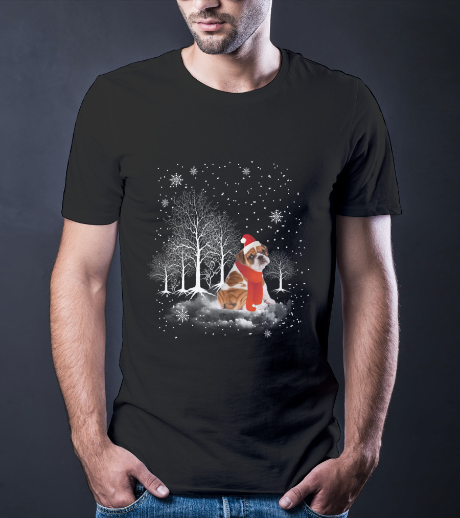 Bulldog In Snowy Forest With Santa Hat And Scarf Amidst Falling Snowflakes T-Shirt