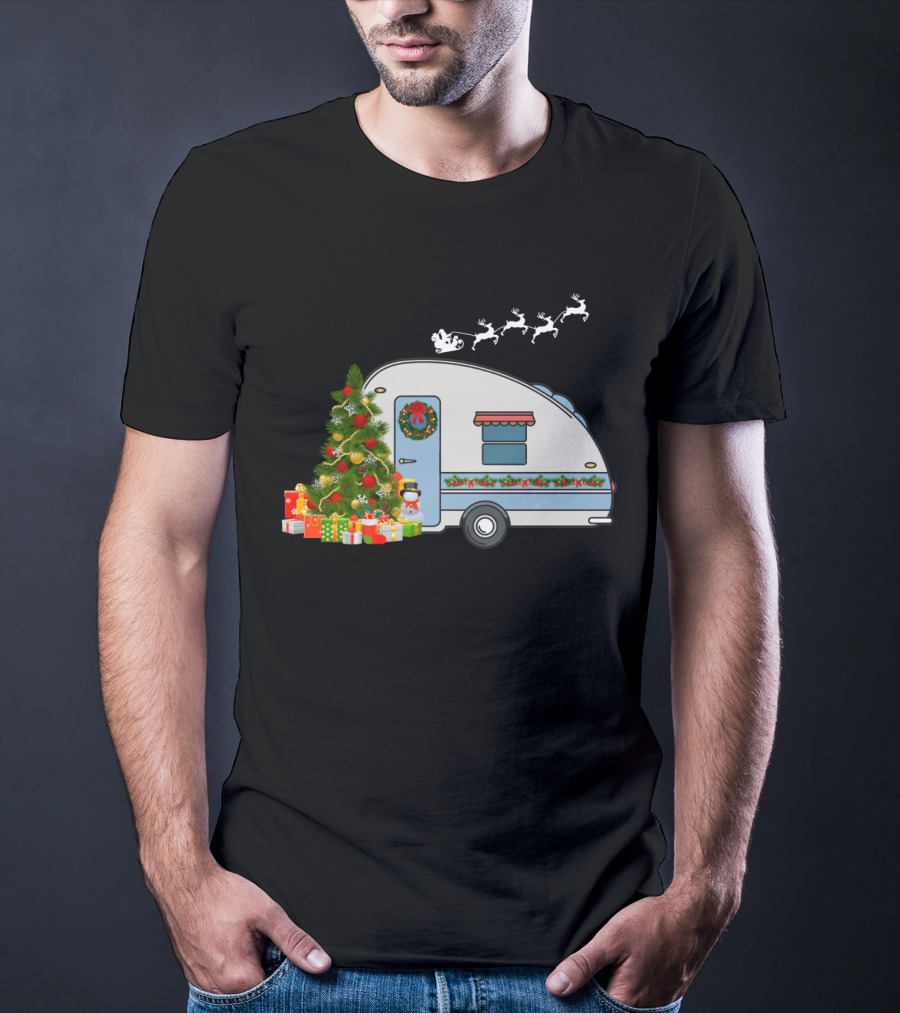 Camper Van With Christmas Tree, Snowman, Presents, And Santa Sleigh T-Shirt