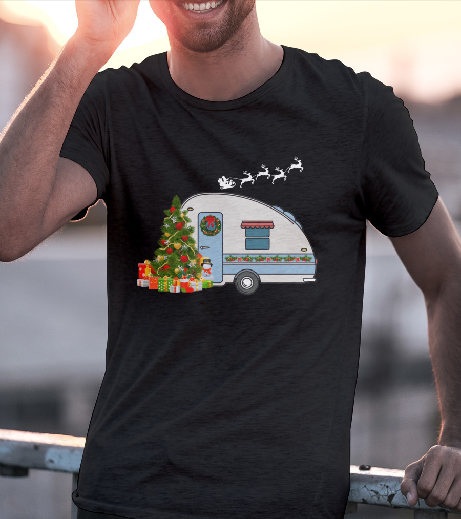 Camper Van With Christmas Tree, Snowman, Presents, And Santa Sleigh T-Shirt