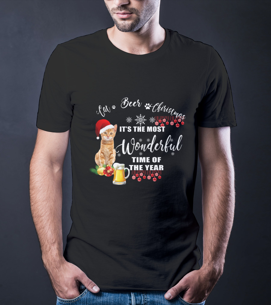 Cat Beer Christmas It's The Most Wonderful Time Of The Year Snowflakes Santa Hat T-Shirt