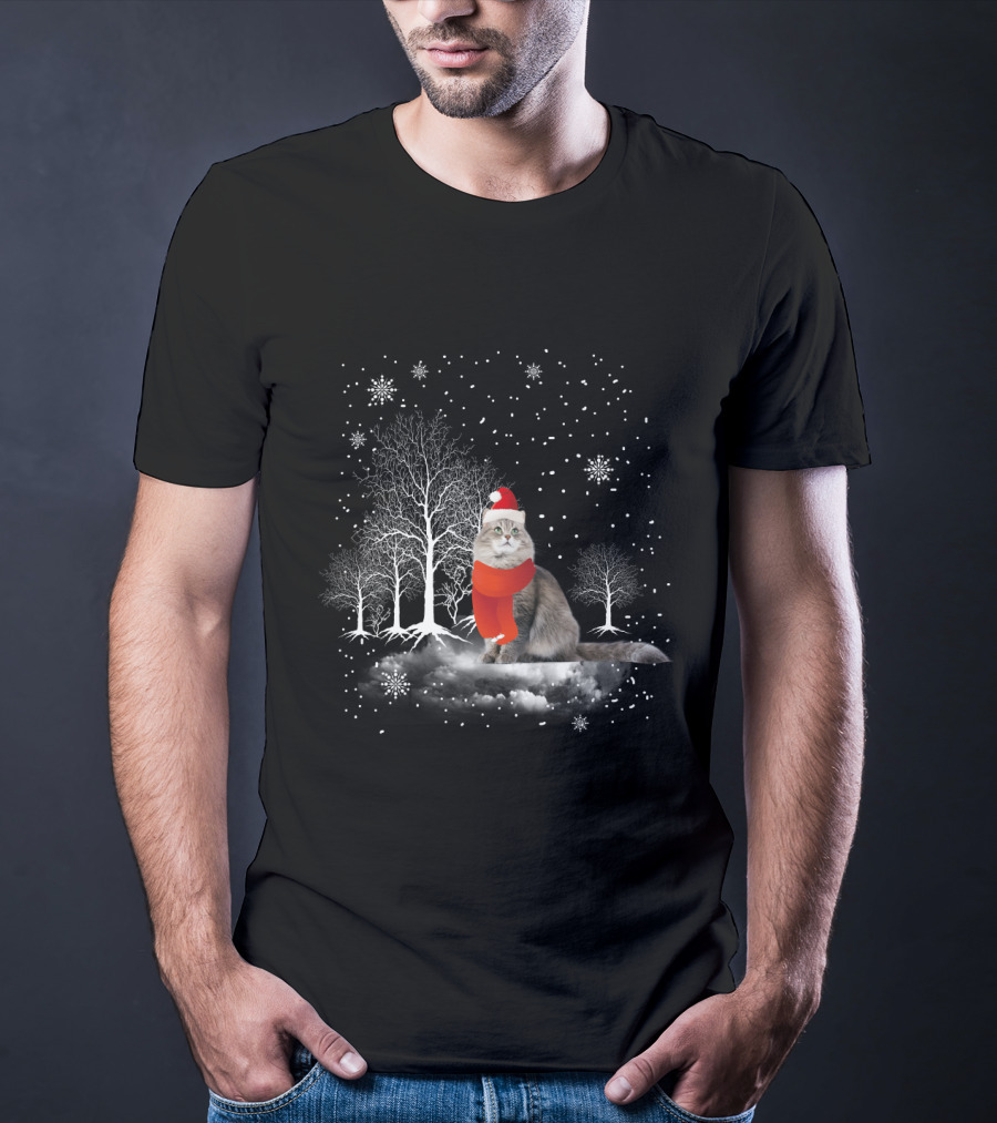 Cat In Snowy Winter Scene With Red Santa Hat And Scarf T-Shirt
